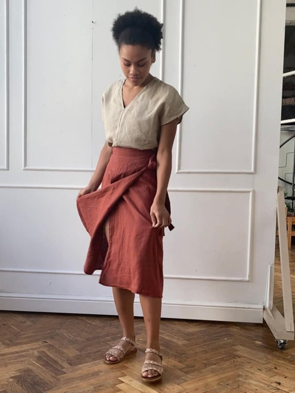 Len Ok Linen Wrap Skirt with side tie. A-line Skirt - Steel Blue